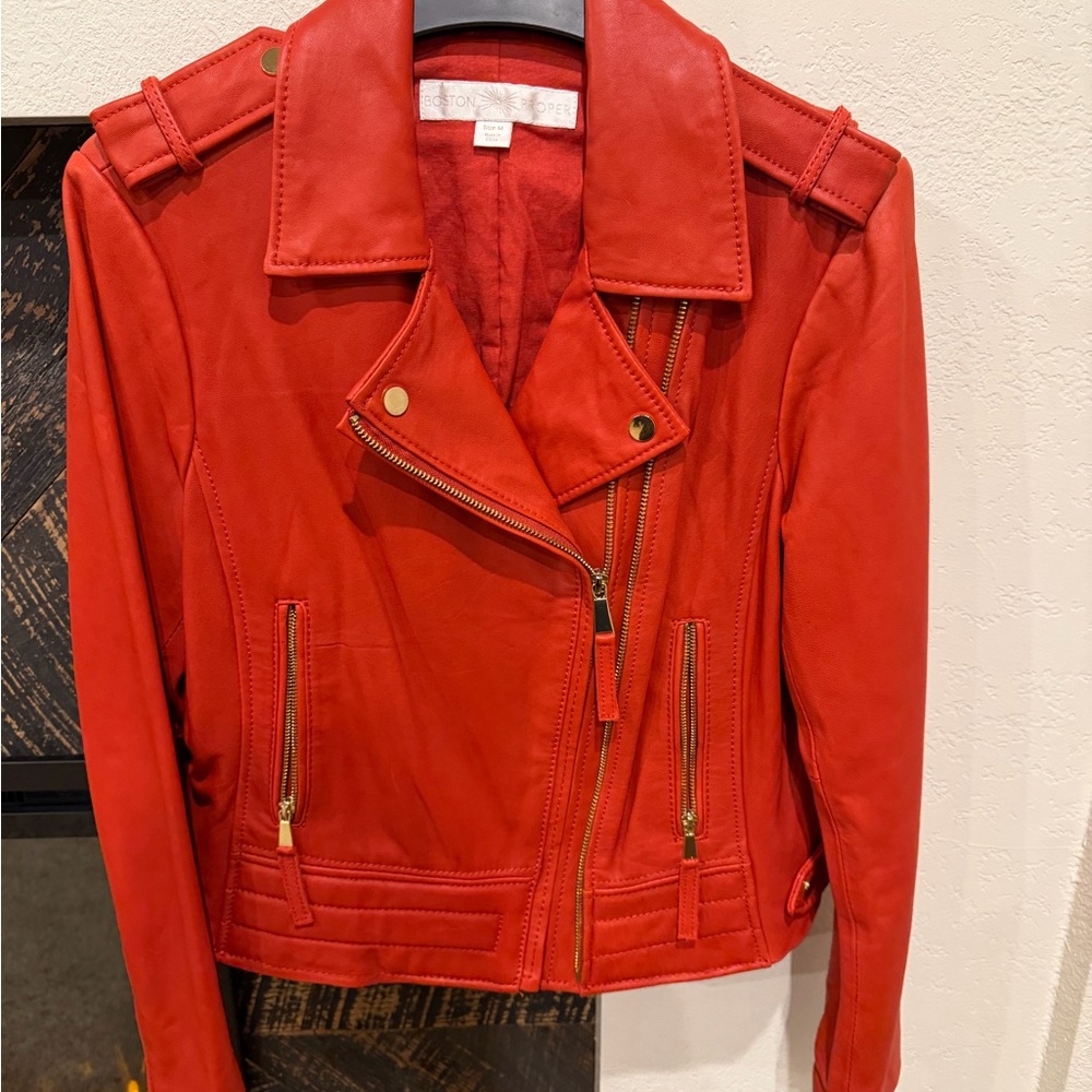 Boston Proper Red Leather Moto Jacket with Gold-Tone Hardware